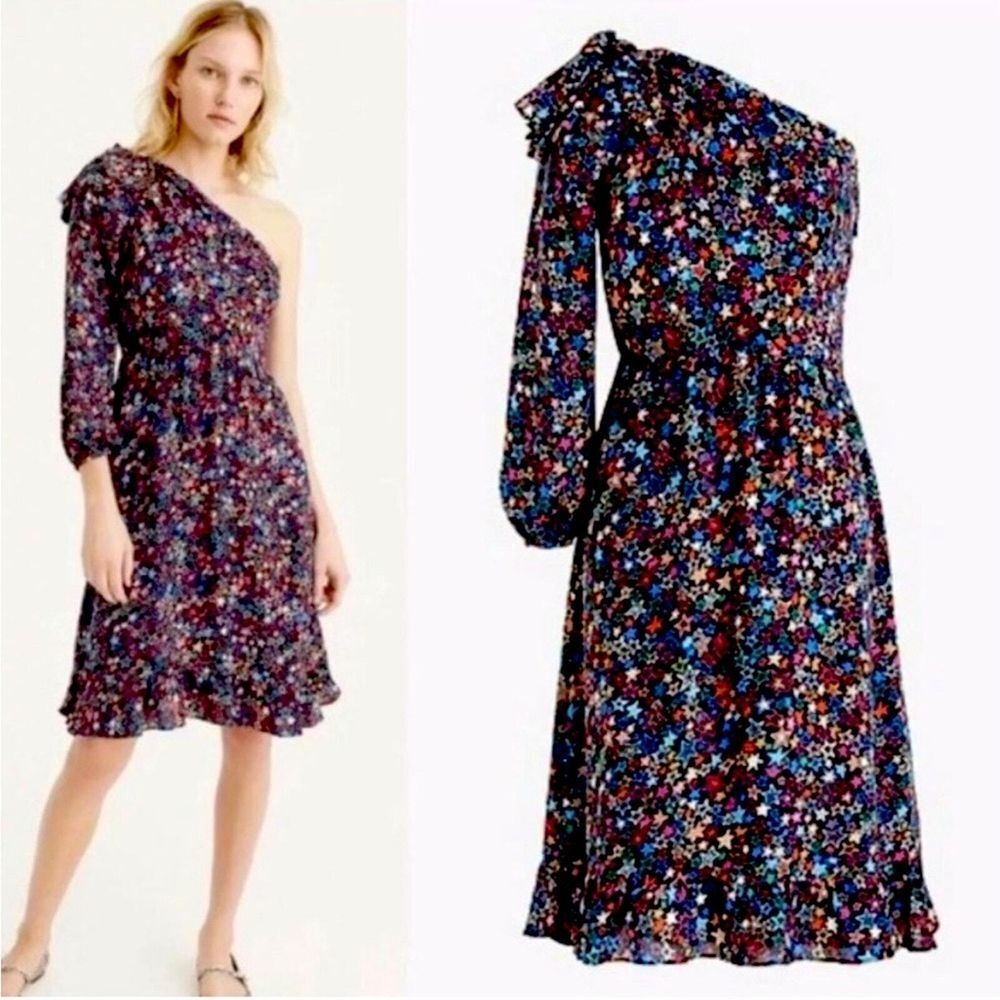 J. Crew One-Shoulder Star Print‎ Dress Ruffle Trim Long Sleeve Size 00 New